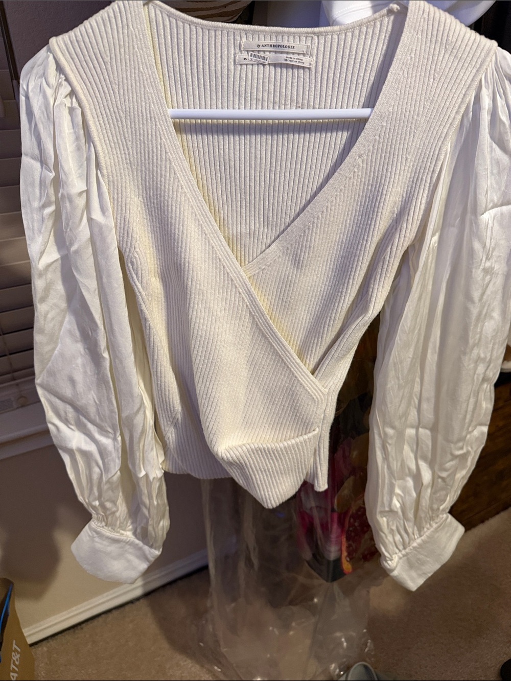 Anthropologie Ivory Ribbed Wrap Top with Puff Sleeves